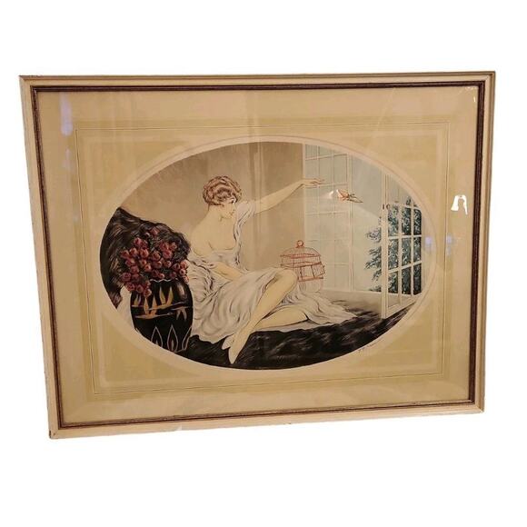 F. G. Henri Art Deco Women Waving Goodbye Bird Flying Out The Window